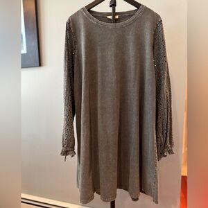 EASEL Gray Green  eyelet lace Long Sleeve Cotton Tunic Dress size Large